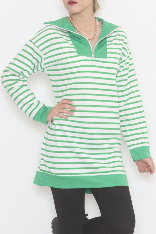 Çizgili Fermuarlı Tunik Sweat Yeşil - 472582.1778. - 4