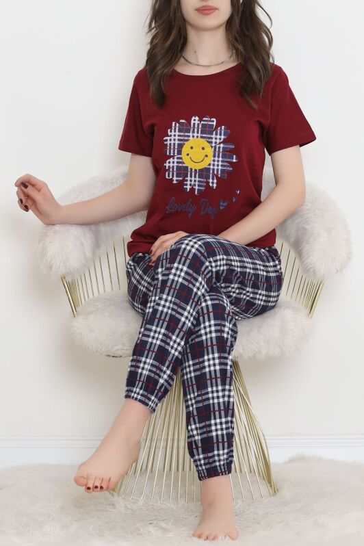 Desenli Pijama Takımı Bordo1 - 15279.1773. - 2