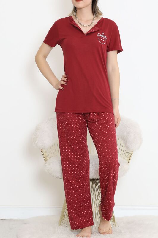 Düğmeli Pijama Takımı Bordoekru - 704.1287. - 1
