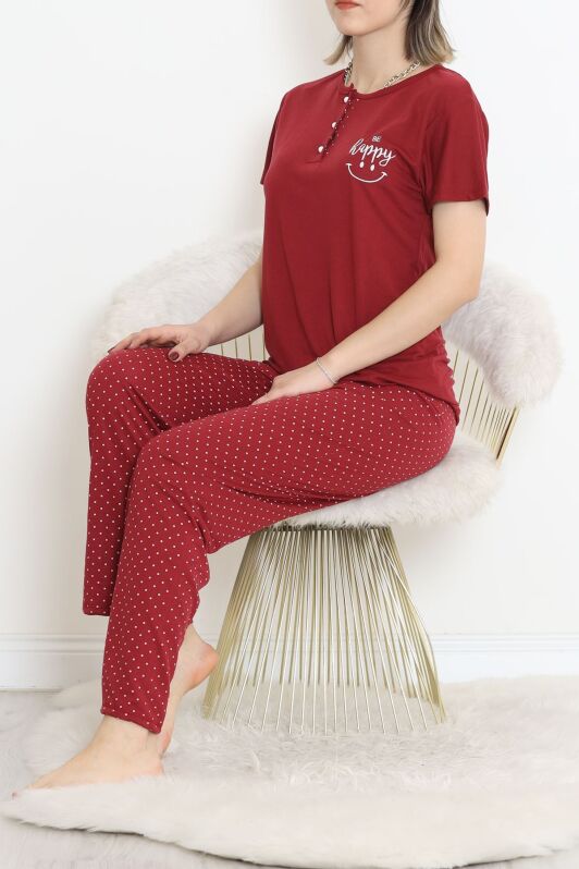Düğmeli Pijama Takımı Bordoekru - 704.1287. - 2
