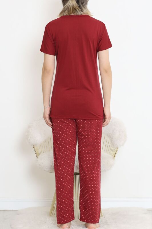 Düğmeli Pijama Takımı Bordoekru - 704.1287. - 4