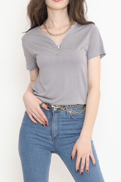Fermuar Detaylı Bluz Gri - 11366.599. - 4