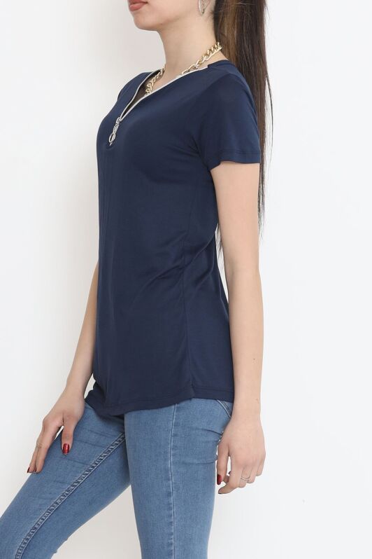 Fermuar Detaylı Bluz Lacivert - 11366.599. - 2