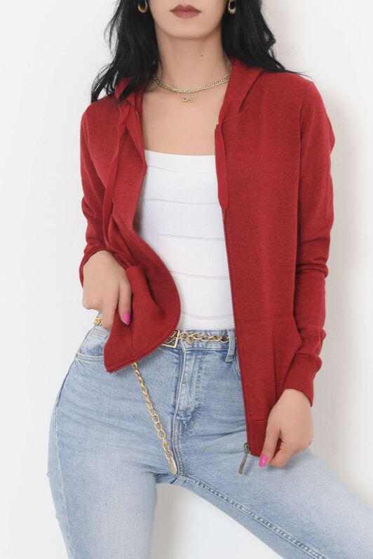 Kapşonlu Fermuarlı Sweat Bordo - 11866.108. - 2