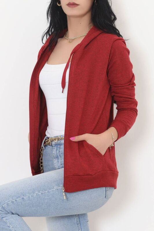 Kapşonlu Fermuarlı Sweat Bordo - 11866.108. - 4