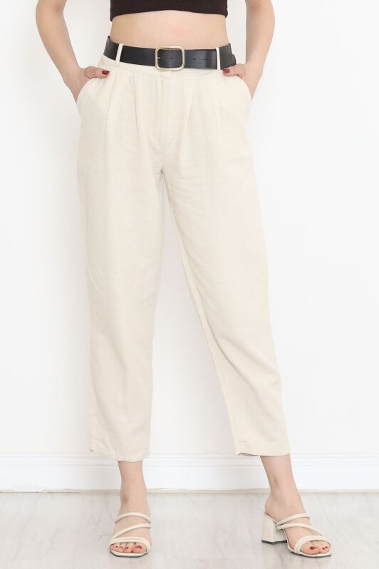 Kemerli Keten Pantolon Taş - 18073.1247. - 2