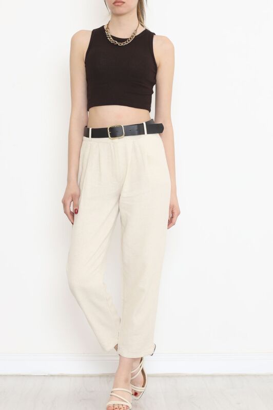 Kemerli Keten Pantolon Taş - 18073.1247. - 3