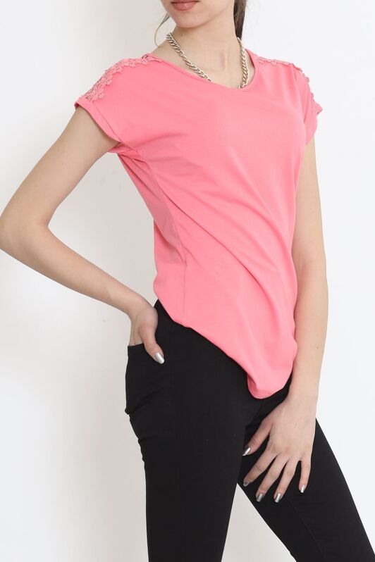 Omuz Dantelli Bluz Pembe - 17130.1567. - 2