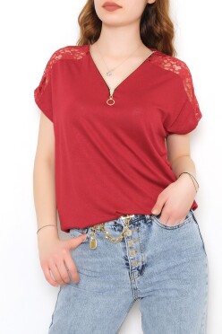 Omuz Dantelli Fermuar Detaylı Bluz Bordo - 10884.102. - 1