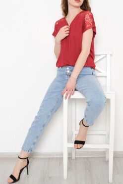 Omuz Dantelli Fermuar Detaylı Bluz Bordo - 10884.102. - 2