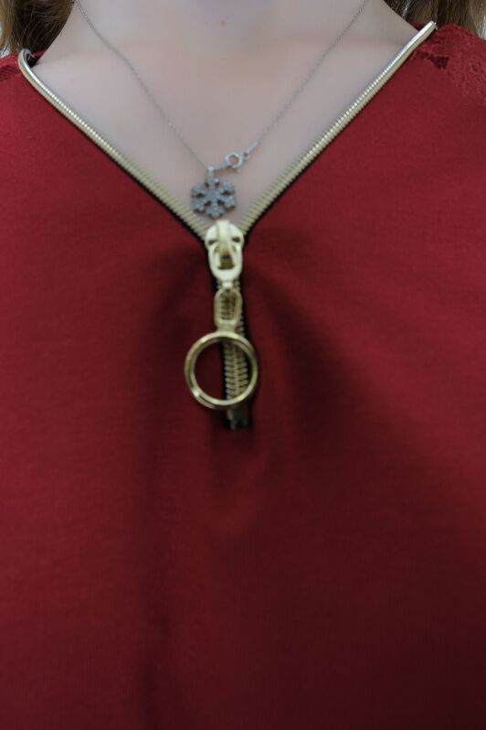 Omuz Dantelli Fermuar Detaylı Bluz Bordo - 10884.102. - 4