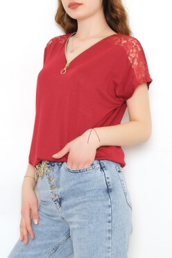 Omuz Dantelli Fermuar Detaylı Bluz Bordo - 10884.102. - 5