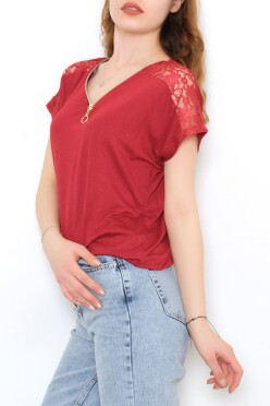 Omuz Dantelli Fermuar Detaylı Bluz Bordo - 10884.102. - 6