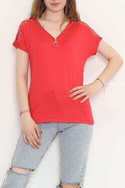 Omzu Dantelli Fermuarlı Bluz Kırmızı - 11367.599. - 1