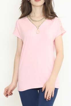 Omzu Dantelli Fermuarlı Bluz Pembe - 11367.599. - 1