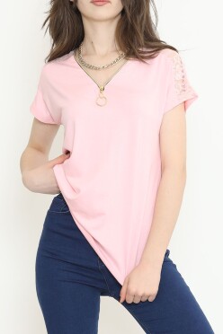 Omzu Dantelli Fermuarlı Bluz Pembe - 11367.599. - 2