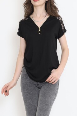 Omzu Dantelli Fermuarlı Bluz Siyah - 11367.599. - 2