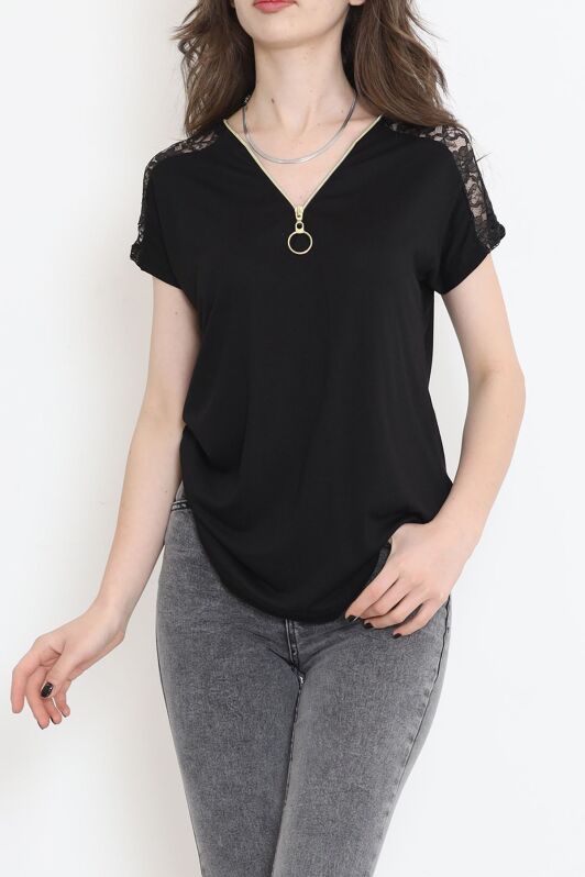 Omzu Dantelli Fermuarlı Bluz Siyah - 11367.599. - 2