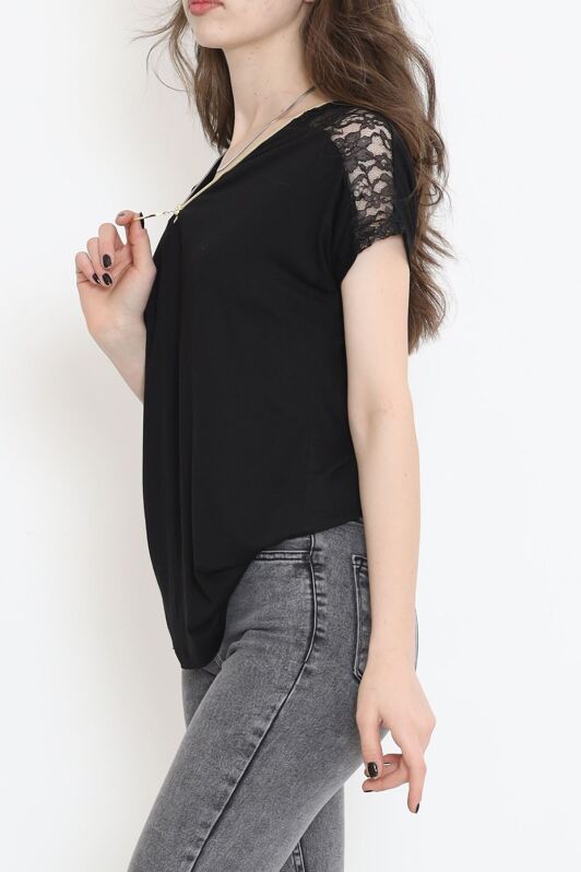 Omzu Dantelli Fermuarlı Bluz Siyah - 11367.599. - 3