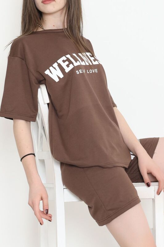 Oversize Baskılı Şortlu Takım Acıkahve - 12629.5238. - 4