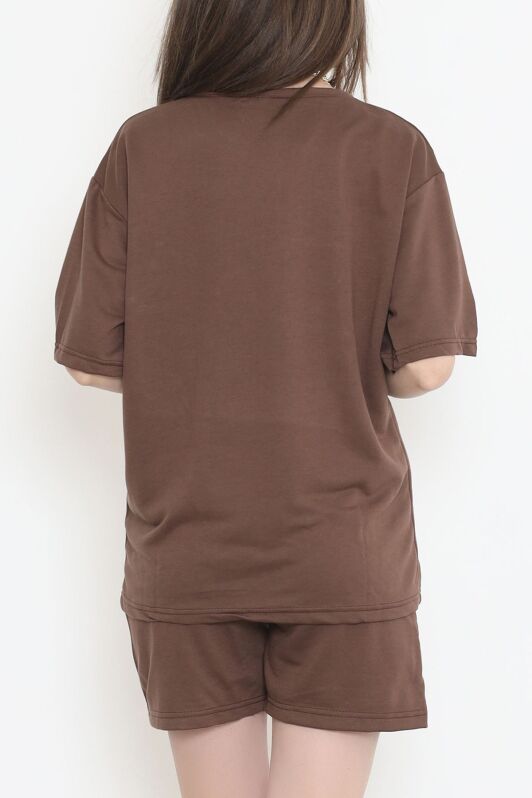 Oversize Baskılı Şortlu Takım Acıkahve - 12629.5238. - 5