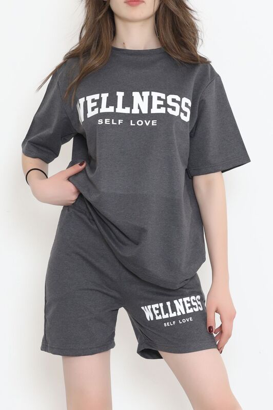 Oversize Baskılı Şortlu Takım Füme - 12629.5238. - 1