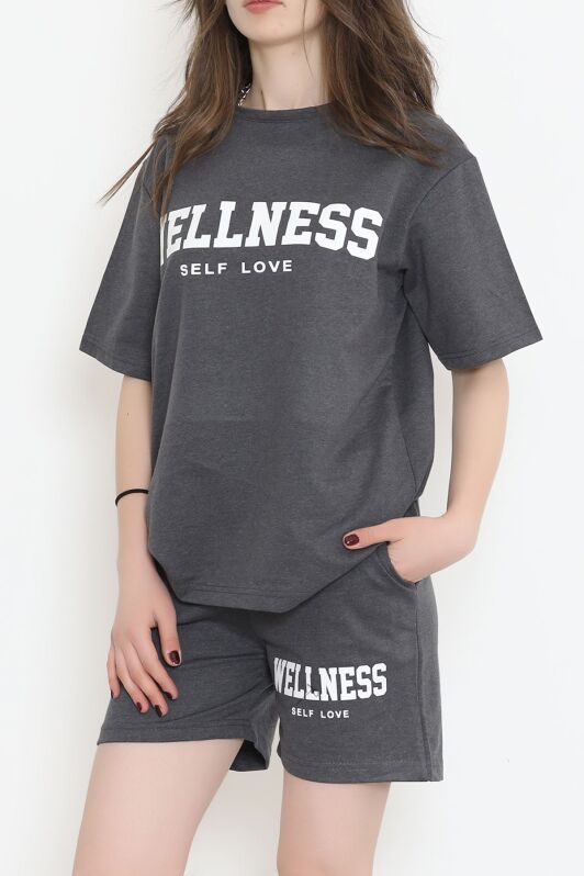 Oversize Baskılı Şortlu Takım Füme - 12629.5238. - 2