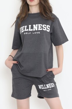 Oversize Baskılı Şortlu Takım Füme - 12629.5238. - 3