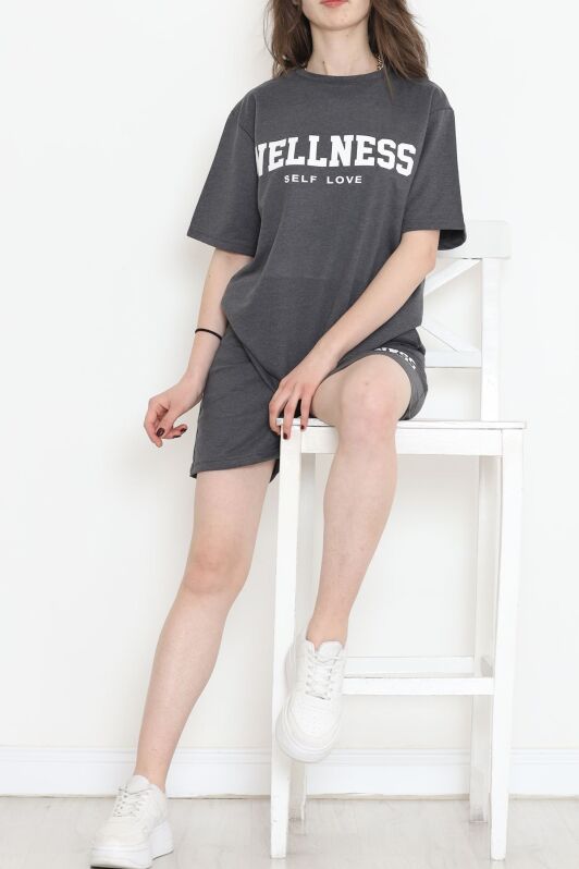 Oversize Baskılı Şortlu Takım Füme - 12629.5238. - 5