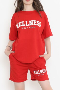 Oversize Baskılı Şortlu Takım Kırmızı - 12629.5238. - 1