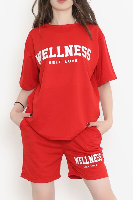 Oversize Baskılı Şortlu Takım Kırmızı - 12629.5238. - 1