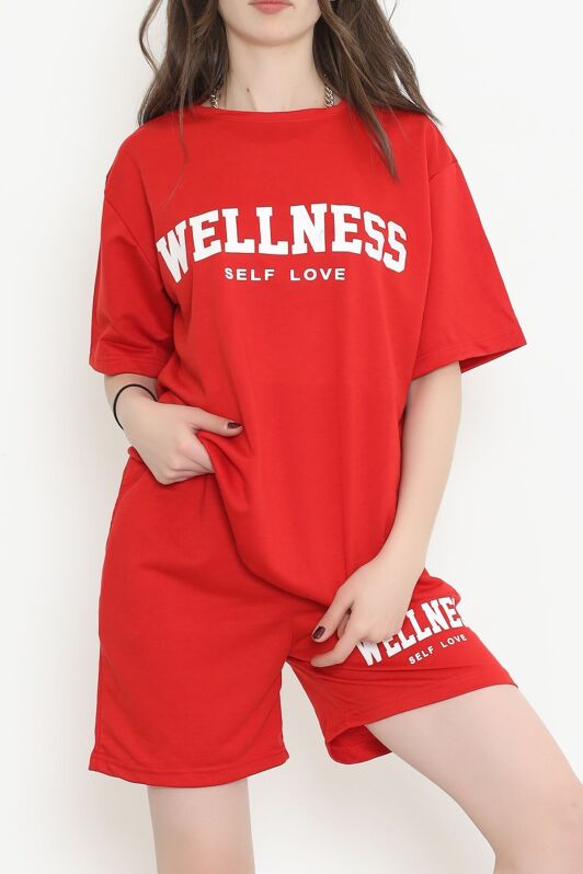 Oversize Baskılı Şortlu Takım Kırmızı - 12629.5238. - 2