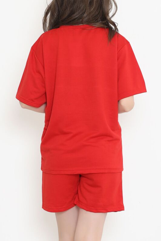 Oversize Baskılı Şortlu Takım Kırmızı - 12629.5238. - 5