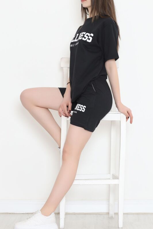 Oversize Baskılı Şortlu Takım Siyah - 12629.5238. - 2