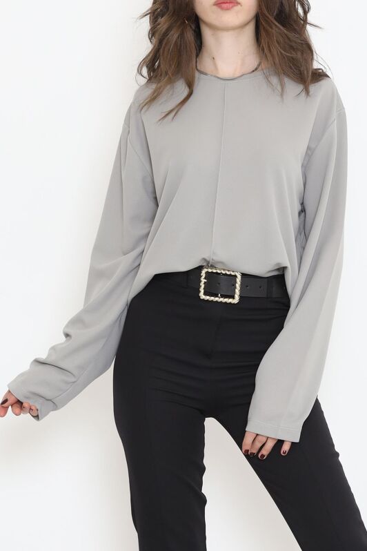 Oversize Ortadan Çımalı Bluz Gri - 15913.1778. - 2