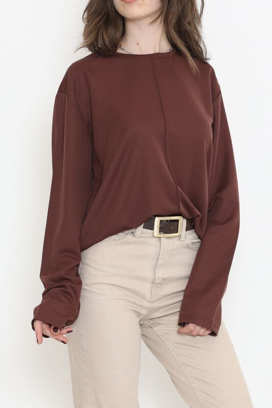 Oversize Ortadan Çımalı Bluz Kahve - 15913.1778. - 4