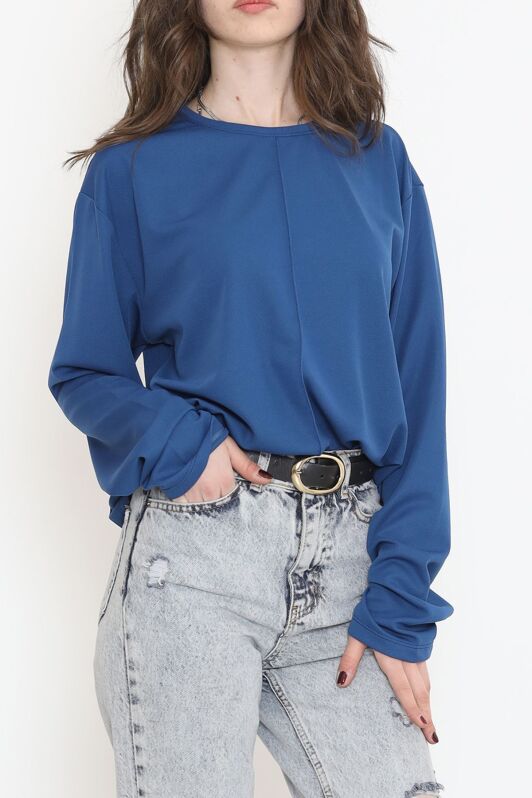Oversize Ortadan Çımalı Bluz Mavi - 15913.1778. - 2