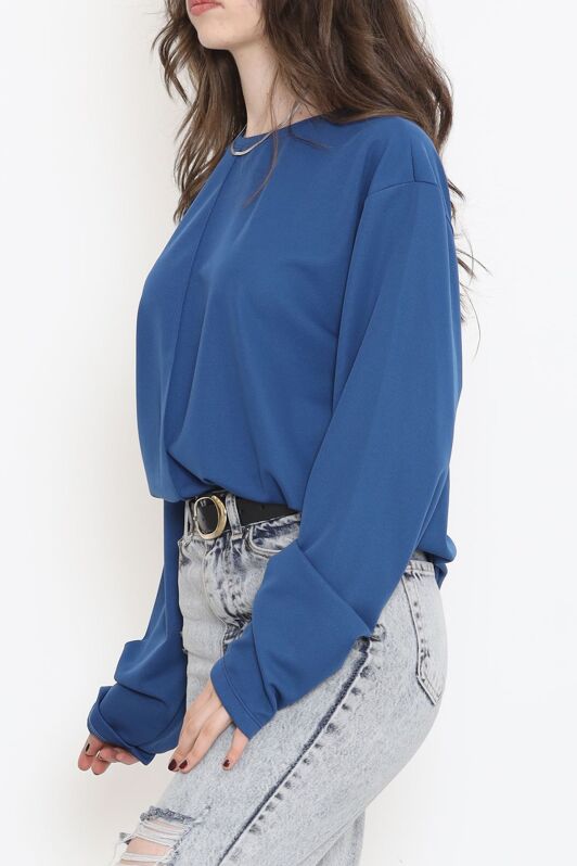 Oversize Ortadan Çımalı Bluz Mavi - 15913.1778. - 3