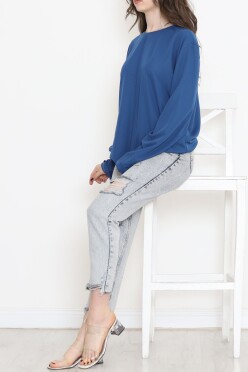 Oversize Ortadan Çımalı Bluz Mavi - 15913.1778. - 5