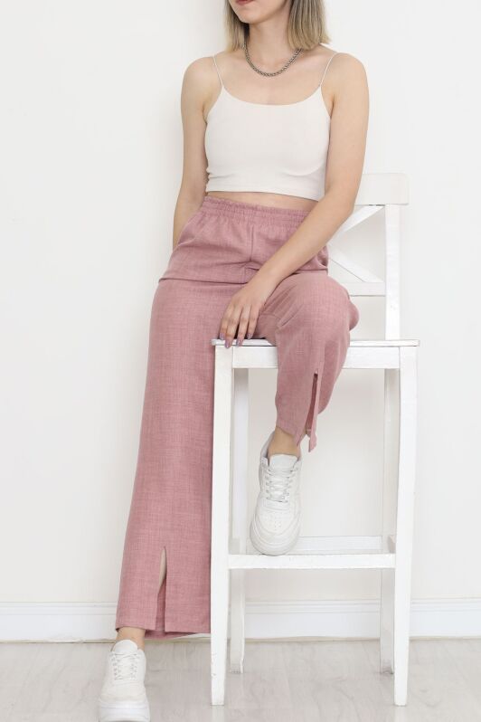 Paça Yırtmaçlı Keten Pantolon Pembe - 15267.1726. - 3