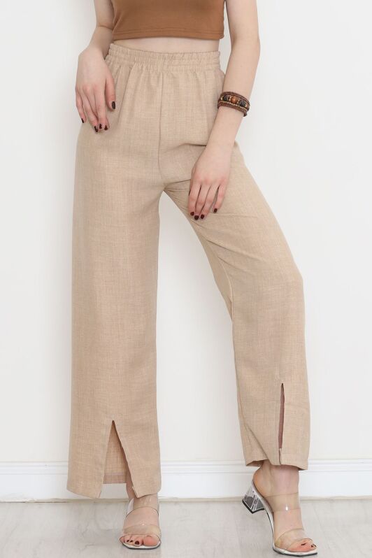Paça Yırtmaçlı Keten Pantolon Taş - 15267.1726. - 1