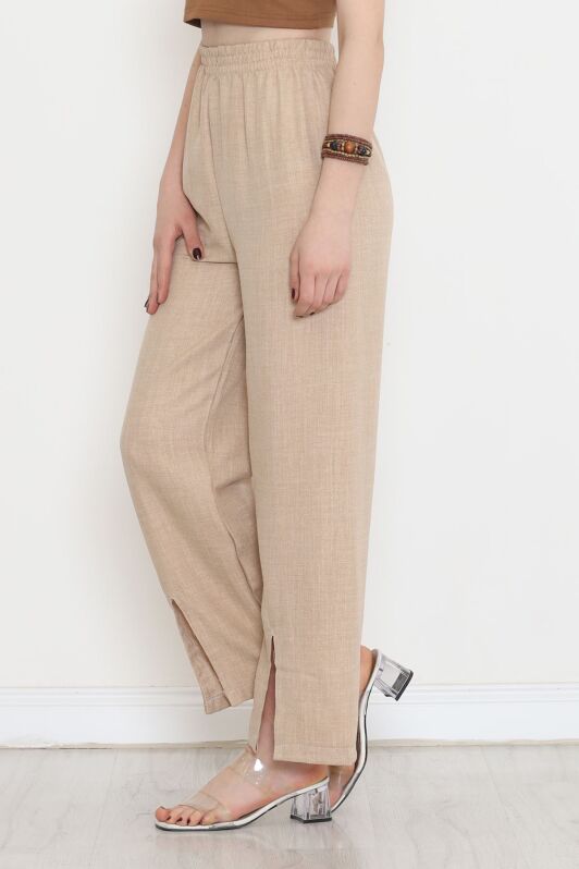 Paça Yırtmaçlı Keten Pantolon Taş - 15267.1726. - 3