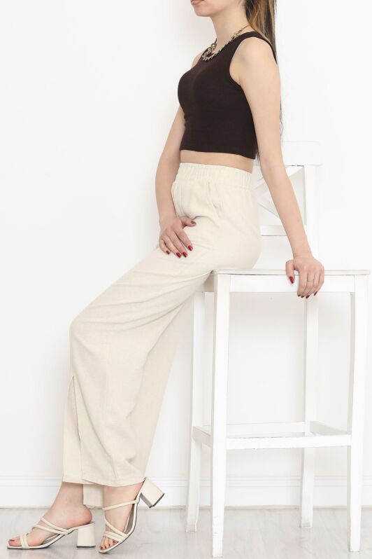 Paça Yırtmaçlı Keten Pantolon Taş - 17656.1247. - 4