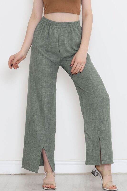 Paça Yırtmaçlı Keten Pantolon Yeşil - 15267.1726. - 1