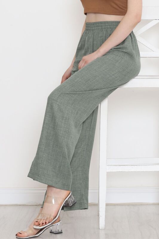 Paça Yırtmaçlı Keten Pantolon Yeşil - 15267.1726. - 3