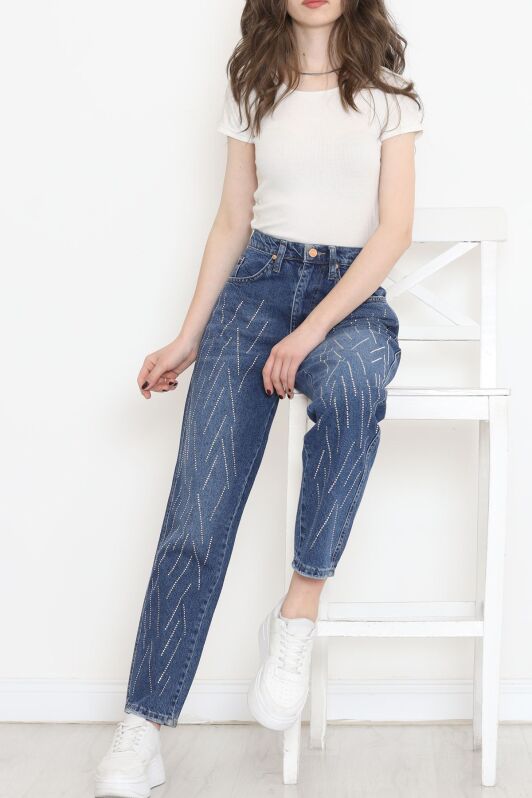 Taş Detaylı Boyfriend Kot Pantolon Koyumavi - 7006.1367. - 4