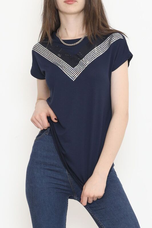 V Desen Pullu Bluz Lacivert - 17127.599. - 1
