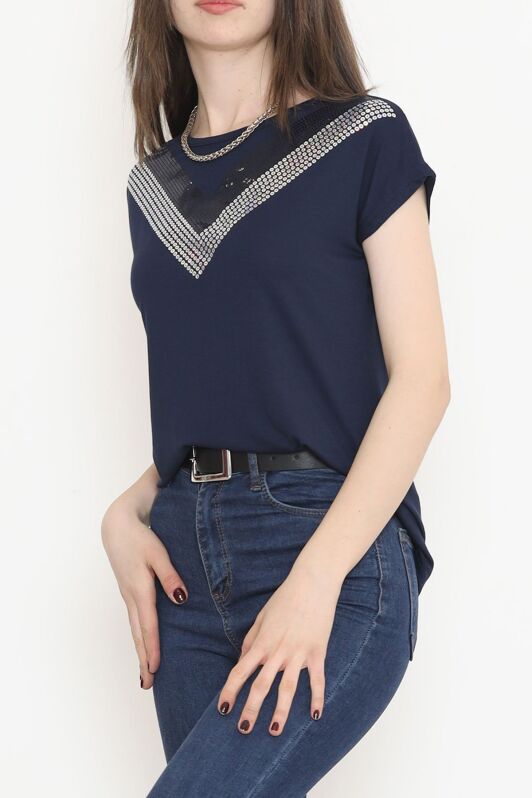 V Desen Pullu Bluz Lacivert - 17127.599. - 2