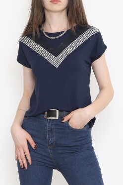 V Desen Pullu Bluz Lacivert - 17127.599. - 3