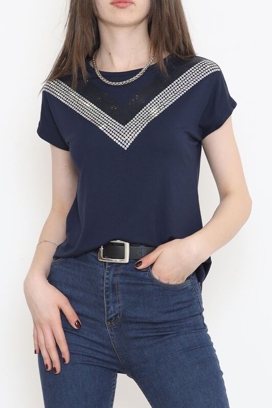 V Desen Pullu Bluz Lacivert - 17127.599. - 3